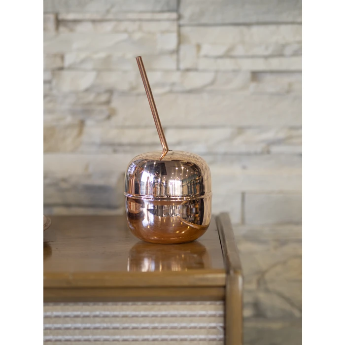 BAKIR KOKTEYL BARDAĞI ELMA FORM VE PİPET PARLAK BAKIR RENK