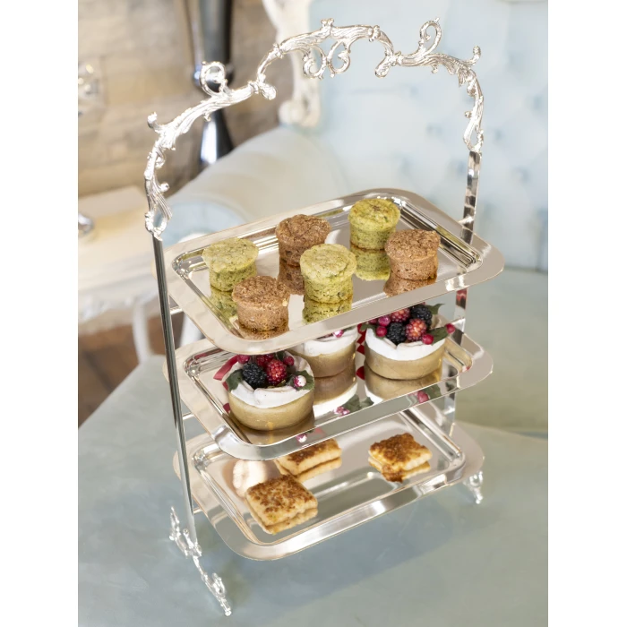 GÜMÜŞ KAPLAMA TEPSİLİ SUNUMLUK 3 KATLI DİKDÖRTGEN MODEL