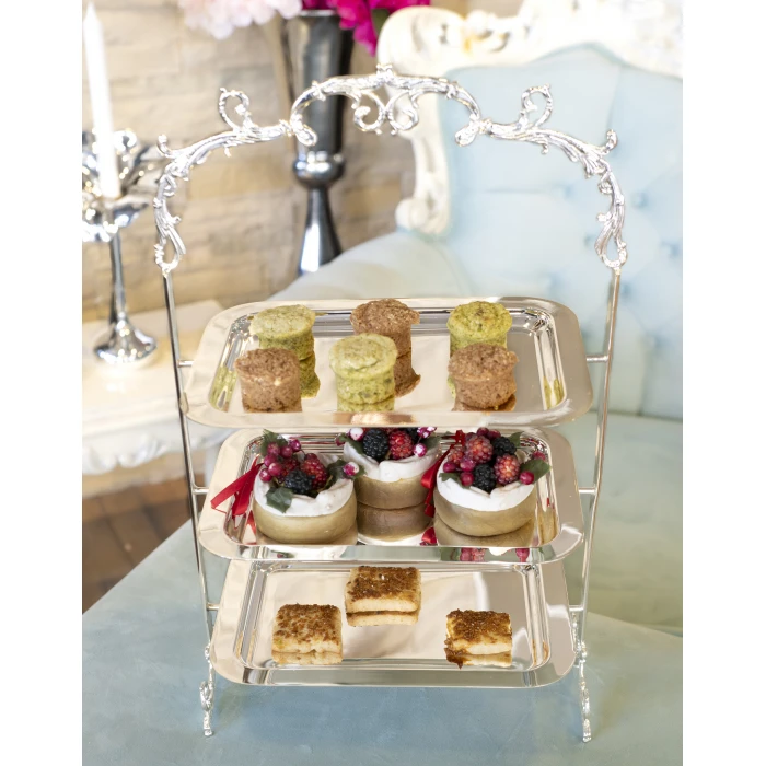 GÜMÜŞ KAPLAMA TEPSİLİ SUNUMLUK 3 KATLI DİKDÖRTGEN MODEL