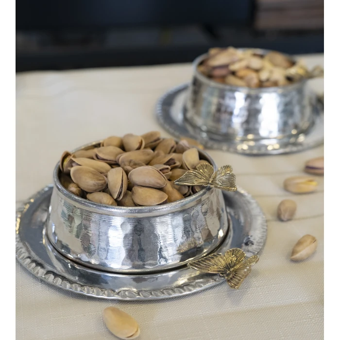 BAKIR ÇEREZLİK KELEBEK DETAYLI TABAKLI MODEL GÜMÜŞ RENK 2Lİ SET(4 PARÇA)