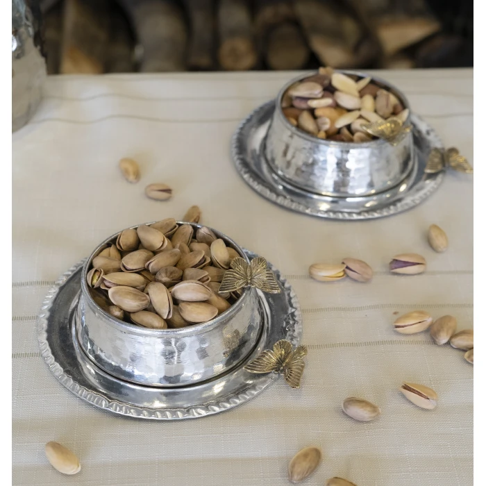 BAKIR ÇEREZLİK KELEBEK DETAYLI TABAKLI MODEL GÜMÜŞ RENK 2Lİ SET(4 PARÇA)