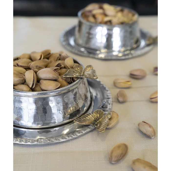 BAKIR ÇEREZLİK KELEBEK DETAYLI TABAKLI MODEL GÜMÜŞ RENK 2Lİ SET(4 PARÇA)