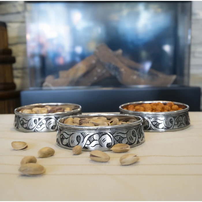 BAKIR ÇEREZLİK OYMA NAKIŞLI 3LÜ GÜMÜŞ RENK 12CM