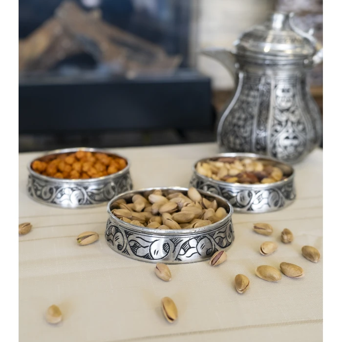 BAKIR ÇEREZLİK OYMA NAKIŞLI 3LÜ GÜMÜŞ RENK 12CM