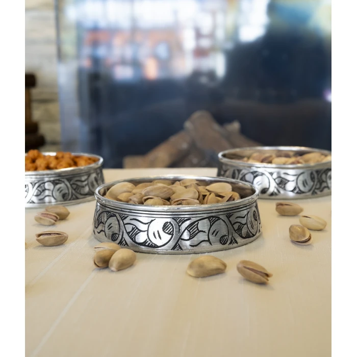 BAKIR ÇEREZLİK OYMA NAKIŞLI 3LÜ GÜMÜŞ RENK 12CM