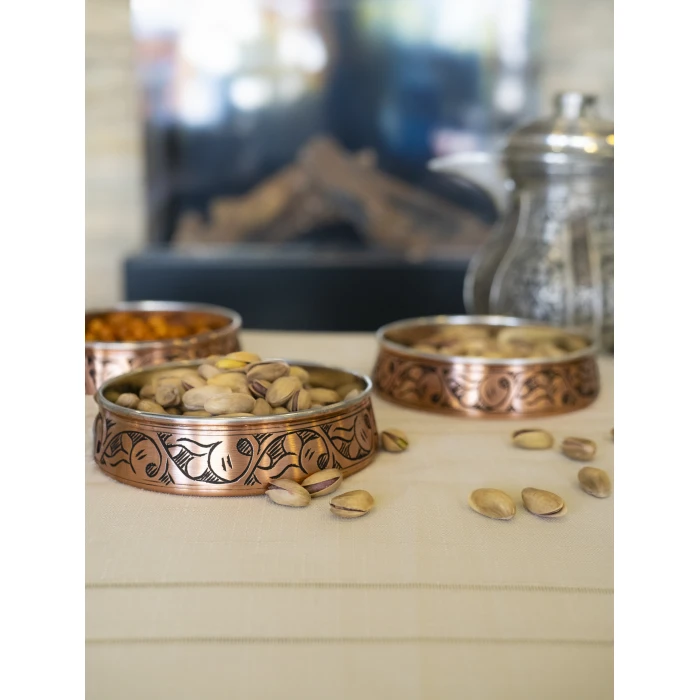 BAKIR ÇEREZLİK OYMA NAKIŞLI 3LÜ MAT BAKIR RENK 12 CM