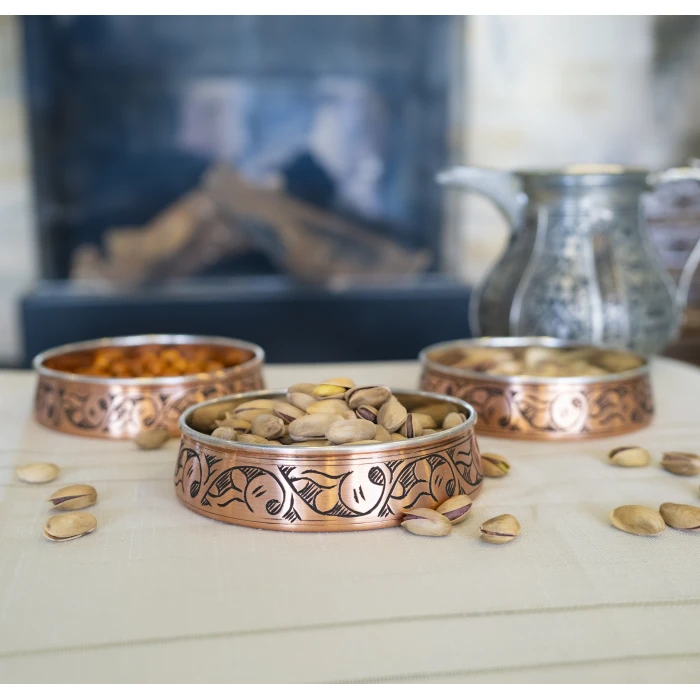 BAKIR ÇEREZLİK OYMA NAKIŞLI 3LÜ MAT BAKIR RENK 12 CM