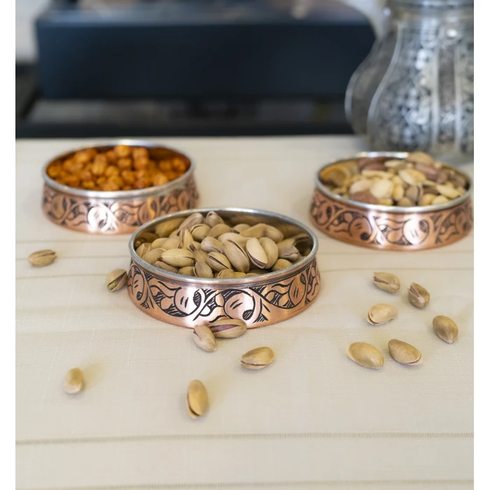 BAKIR ÇEREZLİK OYMA NAKIŞLI 3LÜ MAT BAKIR RENK 12 CM