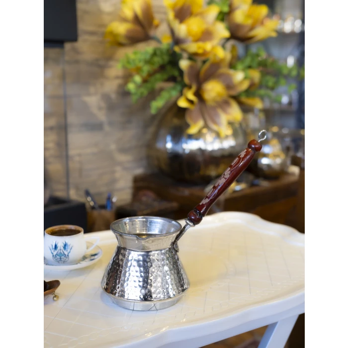 BAKIR CEZVE ÇEKİÇ DÖVME TOMBUL MODEL GÜMÜŞ RENK 4 KİŞİLİK