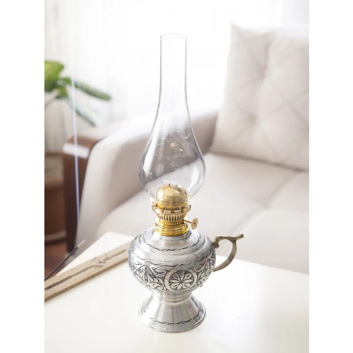 BAKIR GAZ LAMBASI OYMA NAKIŞ İŞLEME GÜMÜŞ RENK (KALAYLI)