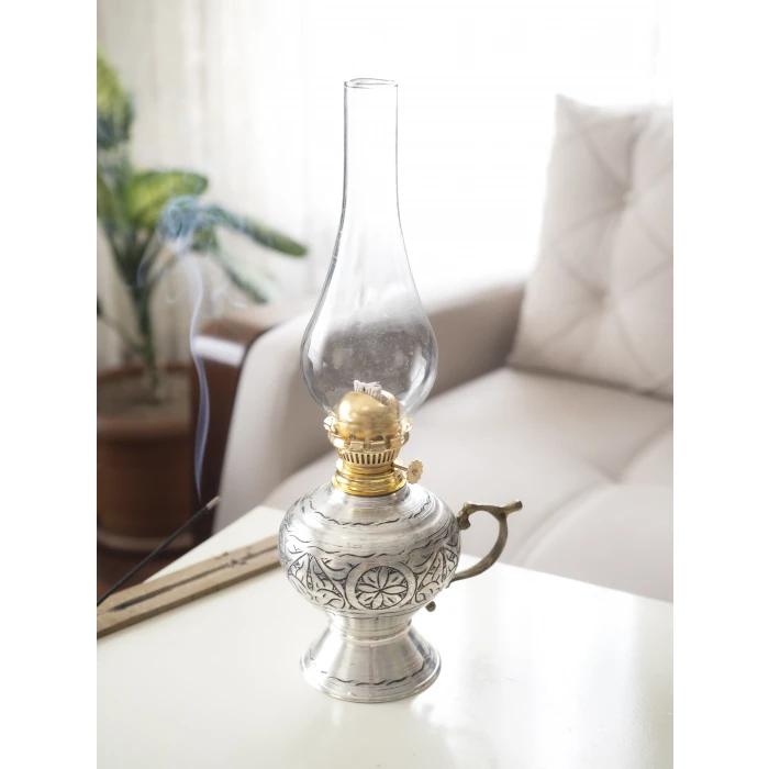 BAKIR GAZ LAMBASI OYMA NAKIŞ İŞLEME GÜMÜŞ RENK (KALAYLI)