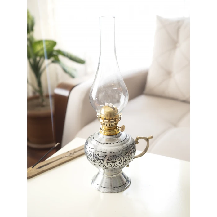 BAKIR GAZ LAMBASI OYMA NAKIŞ İŞLEME GÜMÜŞ RENK (KALAYLI)