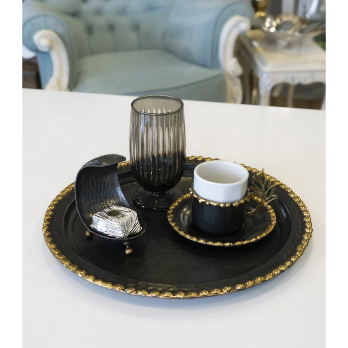 Bakır Pirinç Eritme Detaylı Yuvarlak Tepsi 25 cm