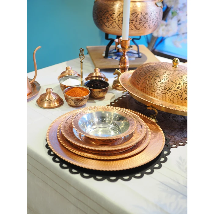 Bakır Yemek Takımı Dar Kıvrımlı Nakışlı Model Mat Renk (6 Kişilik)
