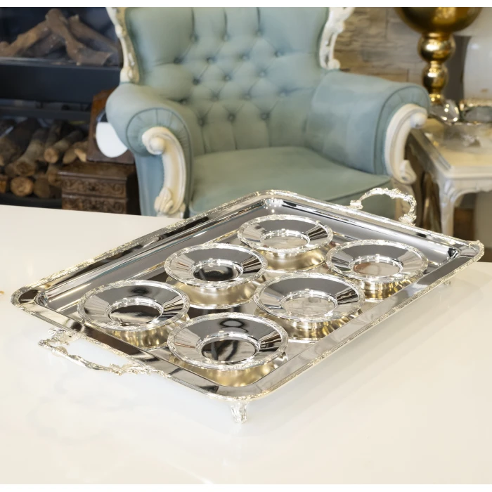 GÜMÜŞ KAPLAMA ÇAY TABAĞI BAŞAK BORDÜRLÜ MODEL ( 6 Adet)
