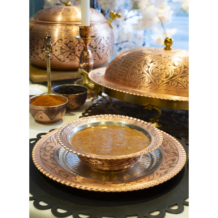 Bakır Yemek Takımı Dar Kıvrımlı Nakışlı Model Mat Renk (6 Kişilik)