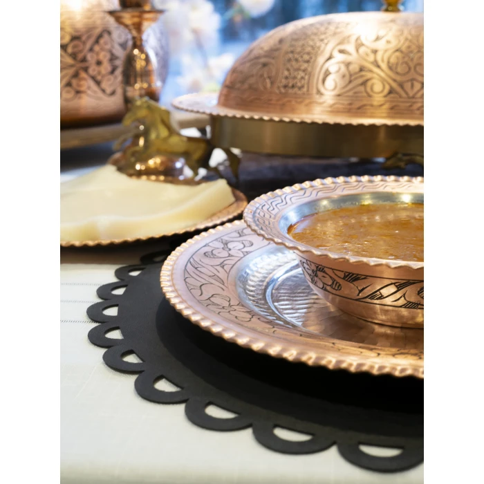 Bakır Yemek Takımı Dar Kıvrımlı Nakışlı Model Mat Renk (6 Kişilik)
