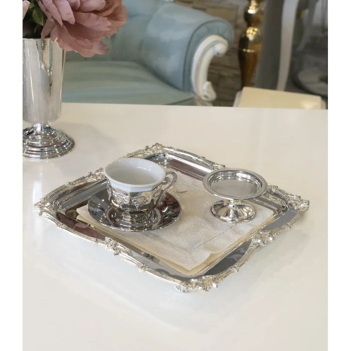 GÜMÜŞ KAPLAMA SUNUM TEPSİSİ GÜL BORDÜRLÜ MODEL KARE FORM