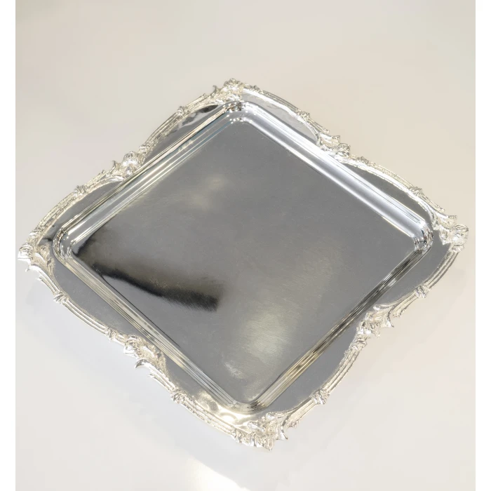 GÜMÜŞ KAPLAMA SUNUM TEPSİSİ GÜL BORDÜRLÜ MODEL KARE FORM