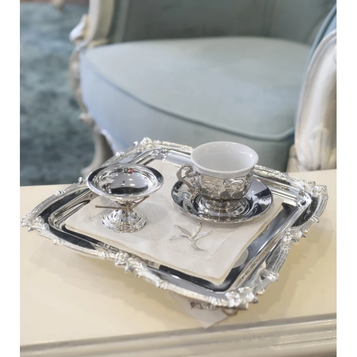 GÜMÜŞ KAPLAMA SUNUM TEPSİSİ GÜL BORDÜRLÜ MODEL KARE FORM