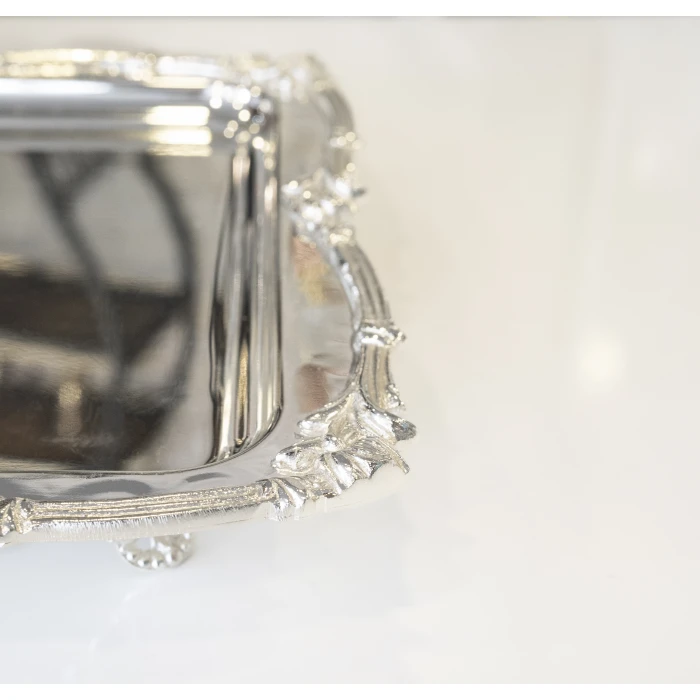 GÜMÜŞ KAPLAMA SUNUM TEPSİSİ GÜL BORDÜRLÜ MODEL KARE FORM