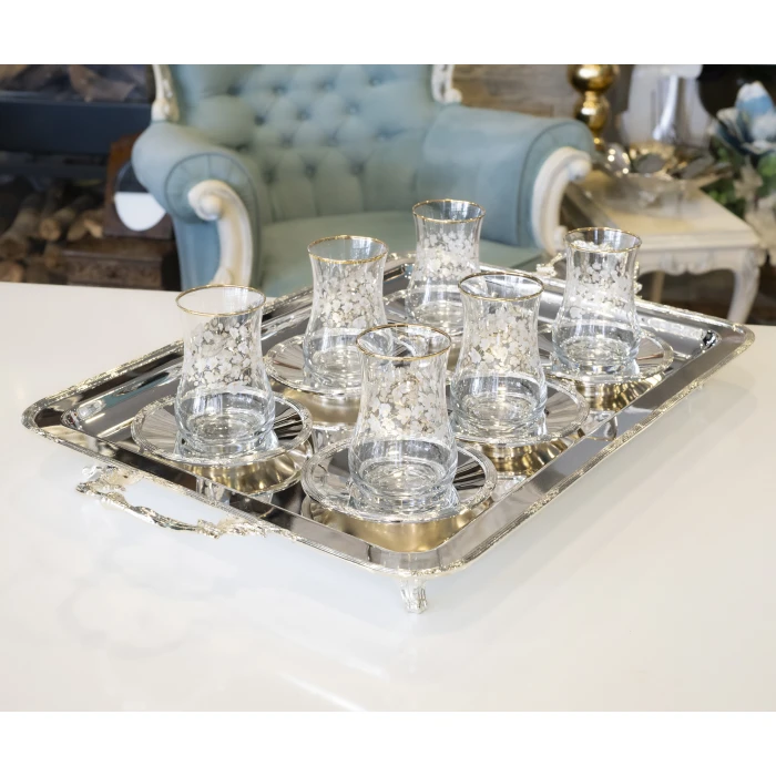 GÜMÜŞ KAPLAMA ÇAY SETİ (Çay tepsisi ve 6 adet çay tabağı) BAŞAK BORDÜRLÜ MODEL