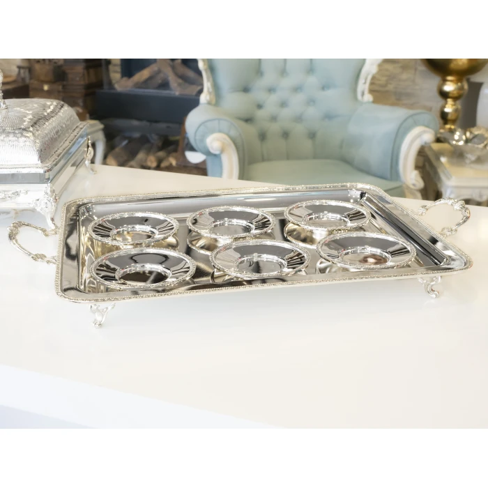 GÜMÜŞ KAPLAMA ÇAY TABAĞI İNGİLİZ BORDÜRLÜ MODEL ( 6 ADET)