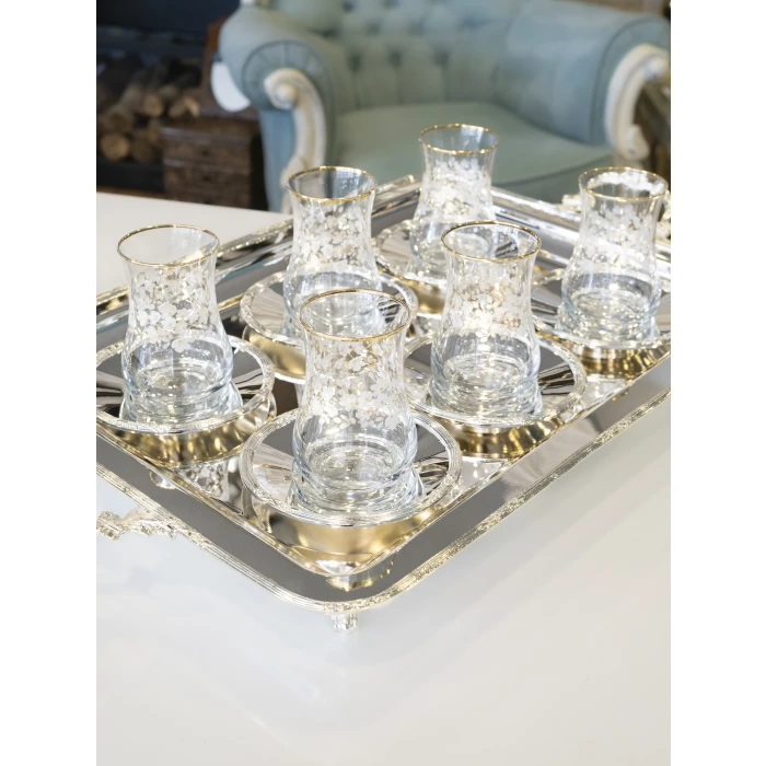 GÜMÜŞ KAPLAMA ÇAY TEPSİSİ BAŞAK BORDÜRLÜ MODEL