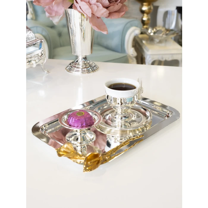 GÜMÜŞ KAPLAMA SUNUM TEPSİSİ  DİKDÖRTGEN FORM GALA ÇİÇEK DETAYLI ( TEK KİŞİLİK)