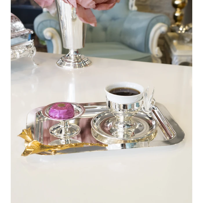 GÜMÜŞ KAPLAMA SUNUM TEPSİSİ  DİKDÖRTGEN FORM GALA ÇİÇEK DETAYLI ( TEK KİŞİLİK)