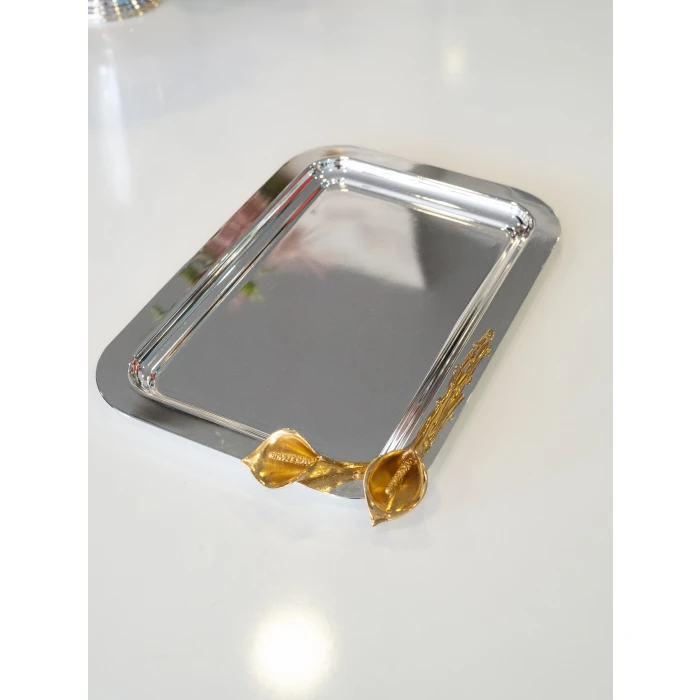 GÜMÜŞ KAPLAMA SUNUM TEPSİSİ  DİKDÖRTGEN FORM GALA ÇİÇEK DETAYLI ( TEK KİŞİLİK)