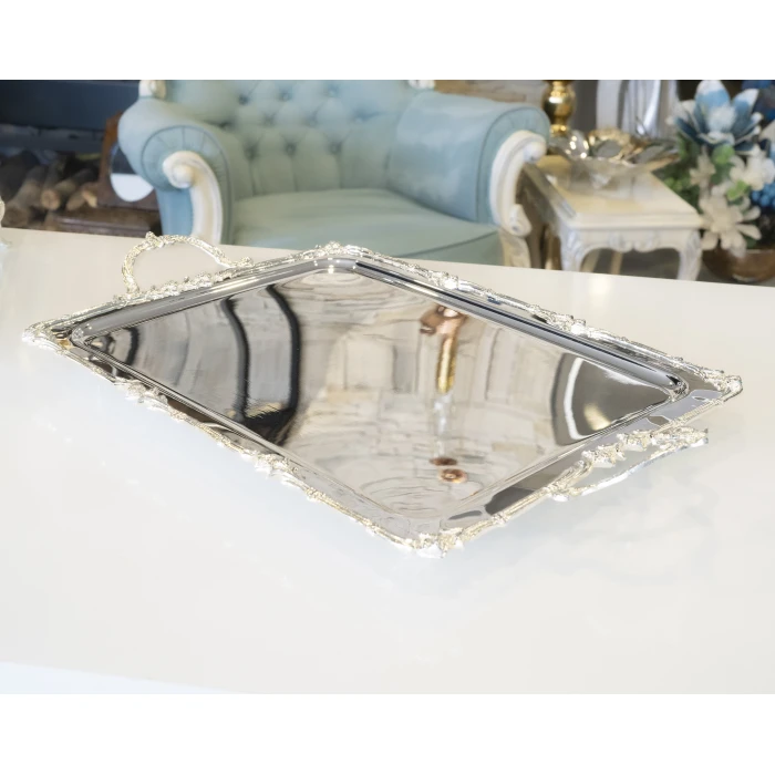 GÜMÜŞ KAPLAMA ÇAY TEPSİSİ GÜL BORDÜRLÜ MODEL