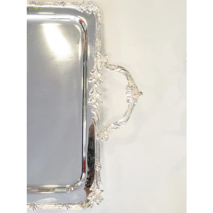 GÜMÜŞ KAPLAMA ÇAY TEPSİSİ GÜL BORDÜRLÜ MODEL