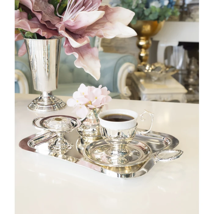 GÜMÜŞ KAPLAMA SUNUM TEPSİSİ HALKA DETAYLI DİKDÖRTGEN FORM (Tek kişilik boy)