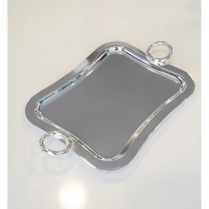 GÜMÜŞ KAPLAMA SUNUM TEPSİSİ HALKA DETAYLI DİKDÖRTGEN FORM (Tek kişilik boy)