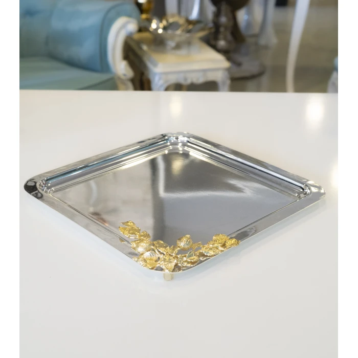 GÜMÜŞ KAPLAMA SUNUM TEPSİSİ KARE FORM GOLD RENK NAR DETAYLI ( TEK KİŞİLİK)