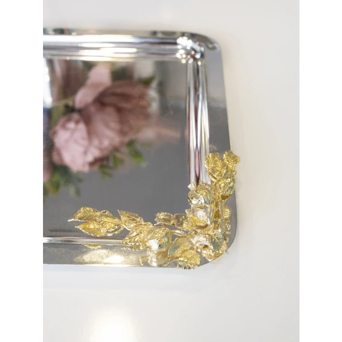 GÜMÜŞ KAPLAMA SUNUM TEPSİSİ KARE FORM GOLD RENK NAR DETAYLI ( TEK KİŞİLİK)
