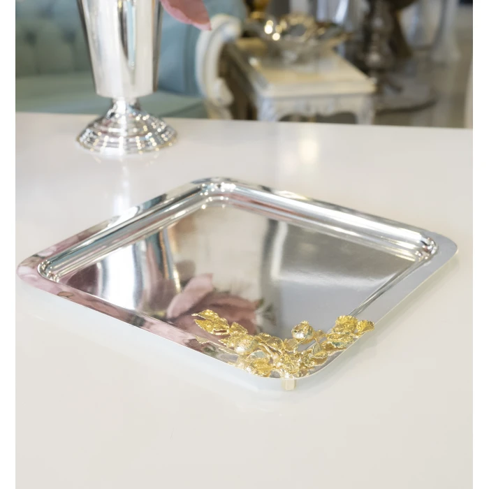 GÜMÜŞ KAPLAMA SUNUM TEPSİSİ KARE FORM GOLD RENK NAR DETAYLI ( TEK KİŞİLİK)