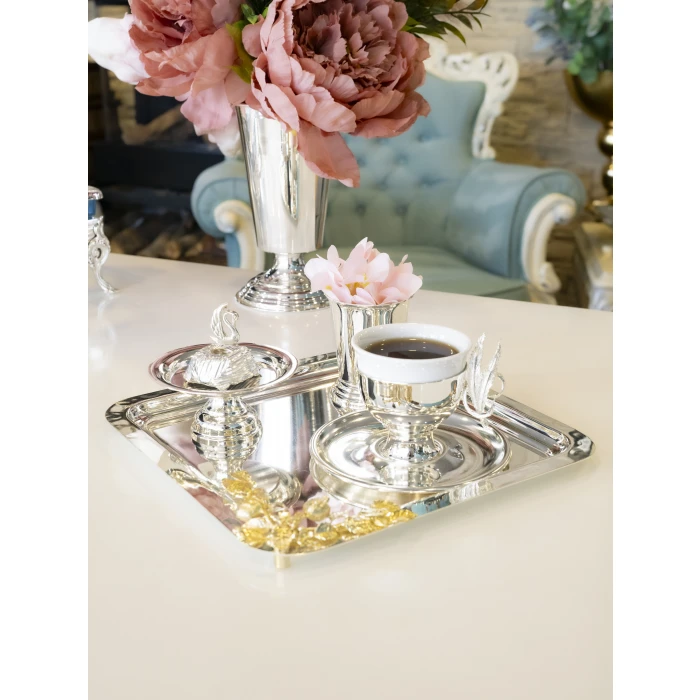 GÜMÜŞ KAPLAMA SUNUM TEPSİSİ KARE FORM GOLD RENK NAR DETAYLI ( TEK KİŞİLİK)