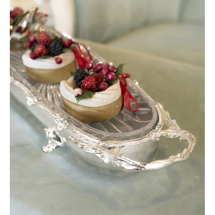 GÜMÜŞ KAPLAMA KESME KRİSTAL CAMLI OVAL SUNUMLUK GÜL BORDÜRLÜ