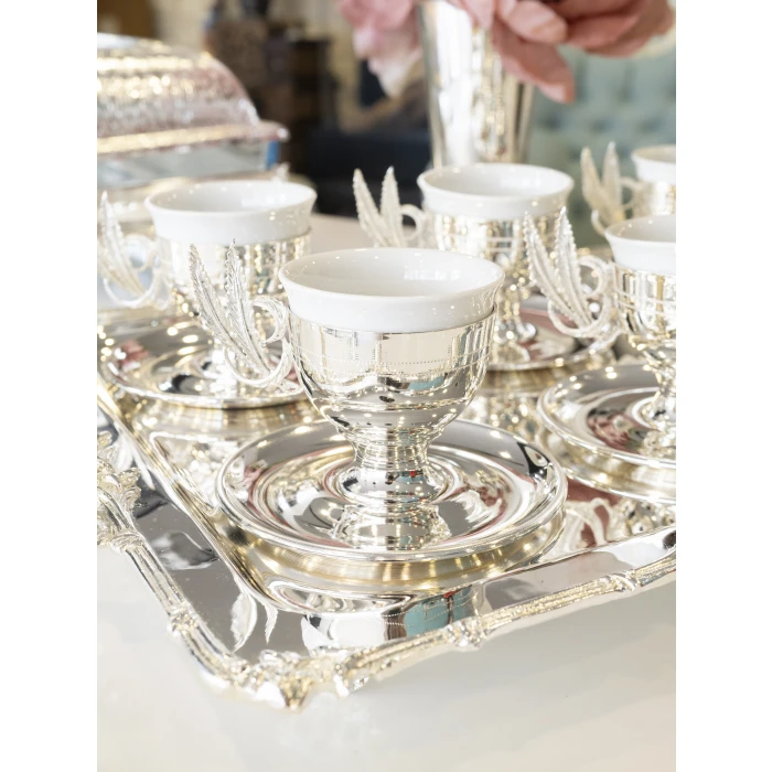 GÜMÜŞ KAPLAMA FİNCAN TAKIMI TÜY DETAYLI