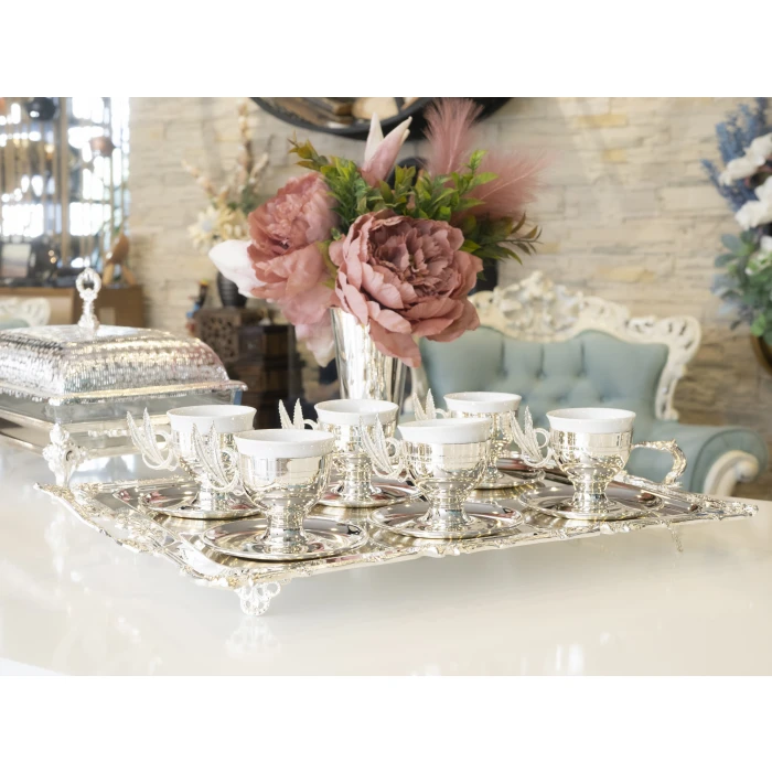 GÜMÜŞ KAPLAMA FİNCAN TAKIMI TÜY DETAYLI