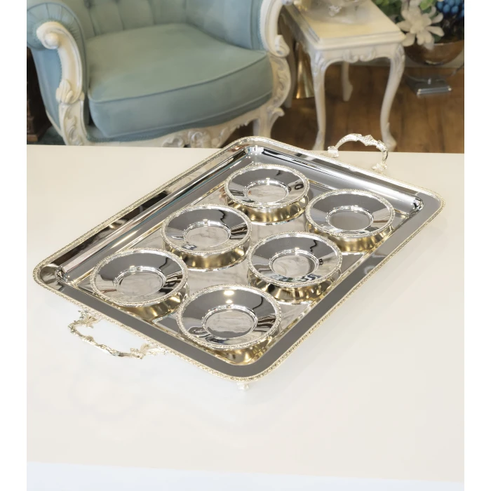 GÜMÜŞ KAPLAMA ÇAY TEPSİSİ İNGİLİZ BORDÜRLÜ MODEL