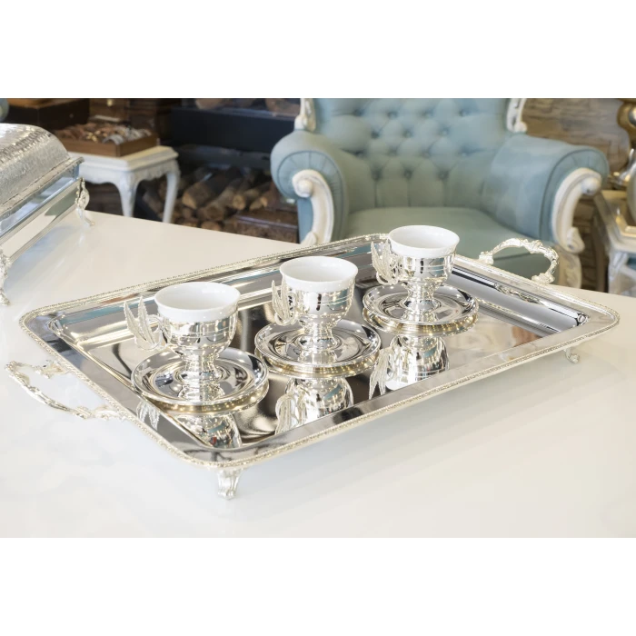 GÜMÜŞ KAPLAMA ÇAY TEPSİSİ İNGİLİZ BORDÜRLÜ MODEL