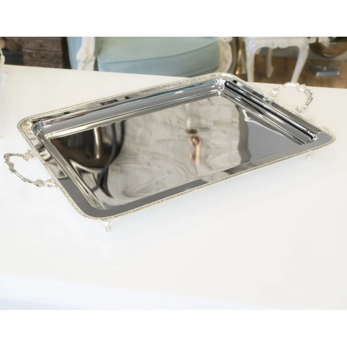 GÜMÜŞ KAPLAMA ÇAY TEPSİSİ İNGİLİZ BORDÜRLÜ MODEL