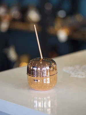 BAKIR KOKTEYL BARDAĞI ELMA FORM VE PİPET PARLAK BAKIR RENK