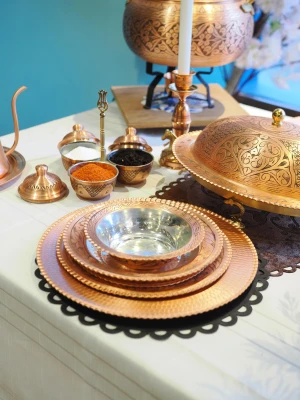 Bakır Yemek Takımı Dar Kıvrımlı Nakışlı Model Mat Renk (6 Kişilik)