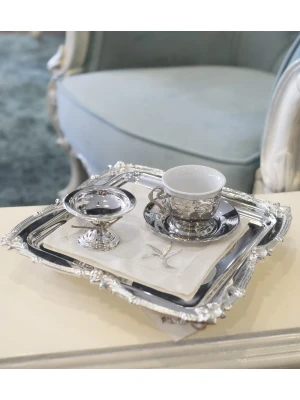 GÜMÜŞ KAPLAMA SUNUM TEPSİSİ GÜL BORDÜRLÜ MODEL  KARE FORM