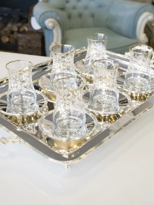 GÜMÜŞ KAPLAMA ÇAY SETİ (Çay tepsisi ve 6 adet çay tabağı) BAŞAK BORDÜRLÜ MODEL