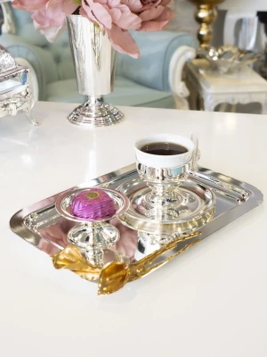 GÜMÜŞ KAPLAMA SUNUM TEPSİSİ  DİKDÖRTGEN FORM GALA ÇİÇEK DETAYLI ( TEK KİŞİLİK)